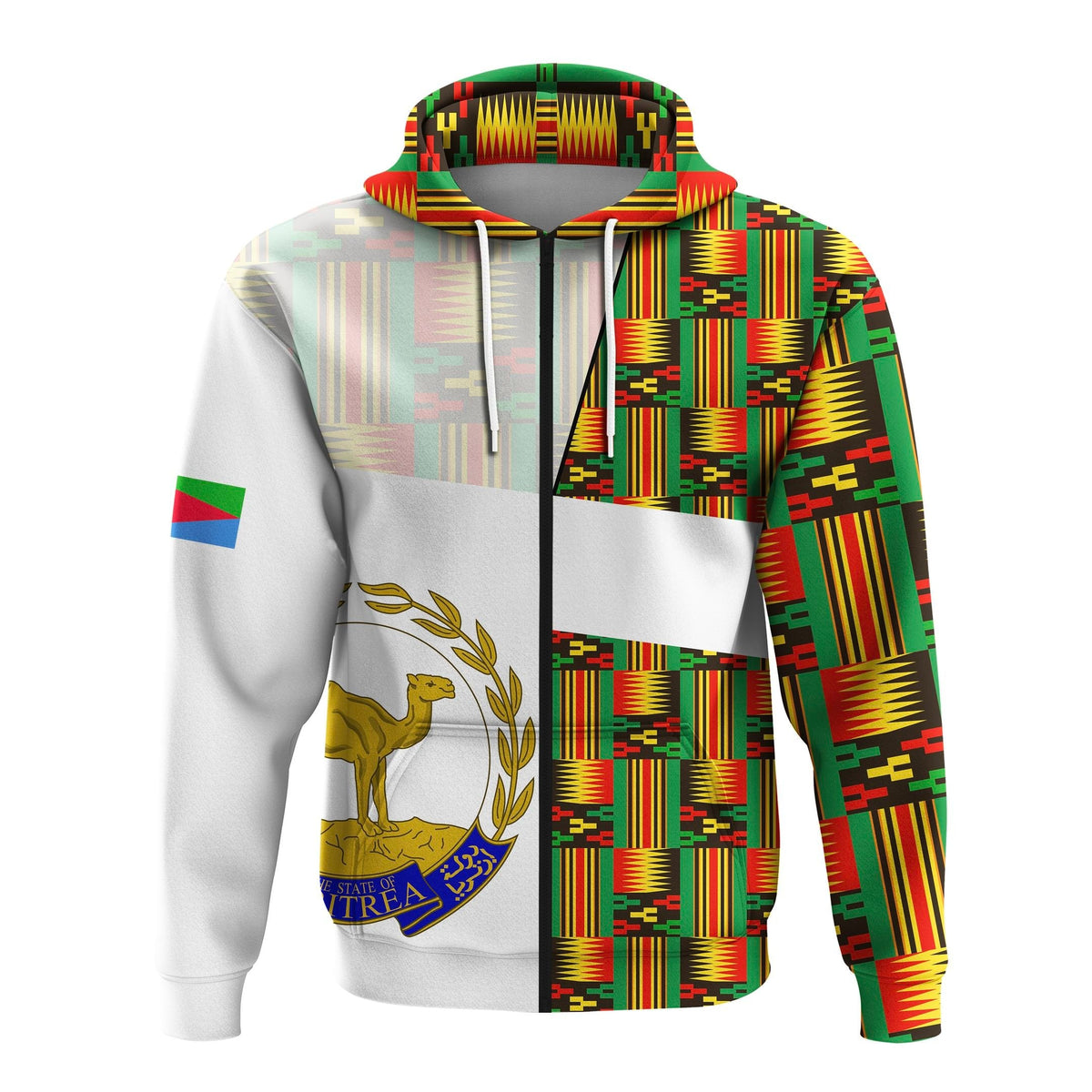 Weißer Hoodie mit Kapuze, Kente-Muster und Kordeln, große Fronttasche