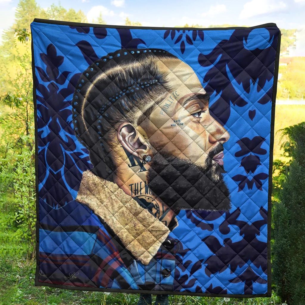 Blue premium quilt featuring quilted portrait face in blue camo pattern