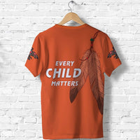Orange T-shirt back with feather print and EVERY CHILD MATTERS text