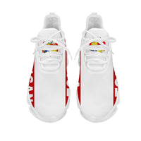 White lace-up clunky sneakers with Tonga flag graphics on tongue and side