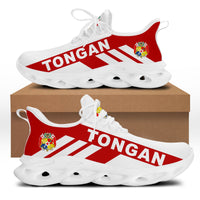White clunky sneakers with Tonga flag print and logo on side, chunky white sole