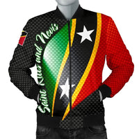 Black bomber jacket with neon green Nevis script, stars, and flag stripe trim