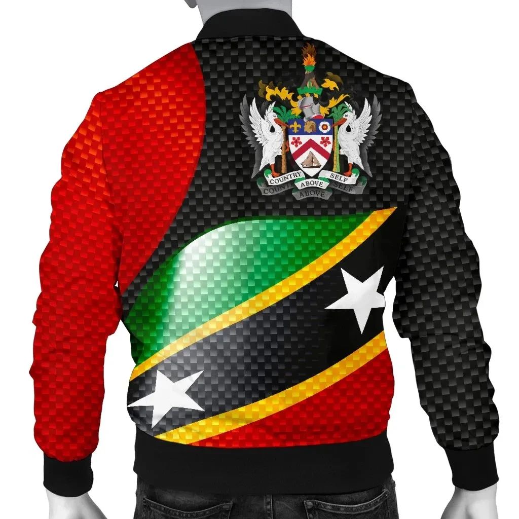Black bomber jacket back view with crest emblem and multicolor flag stripes