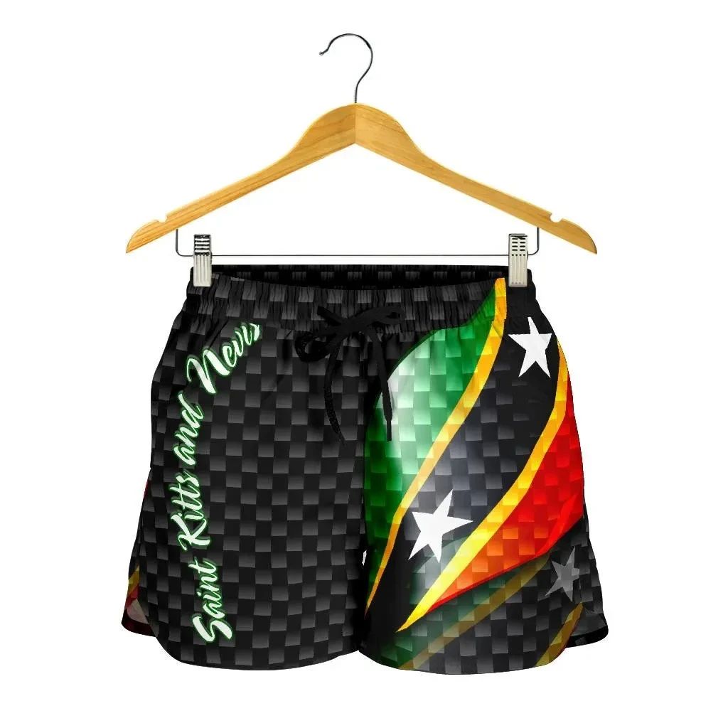 Black women's shorts with checkered flag graphic, elastic waistband and drawstring