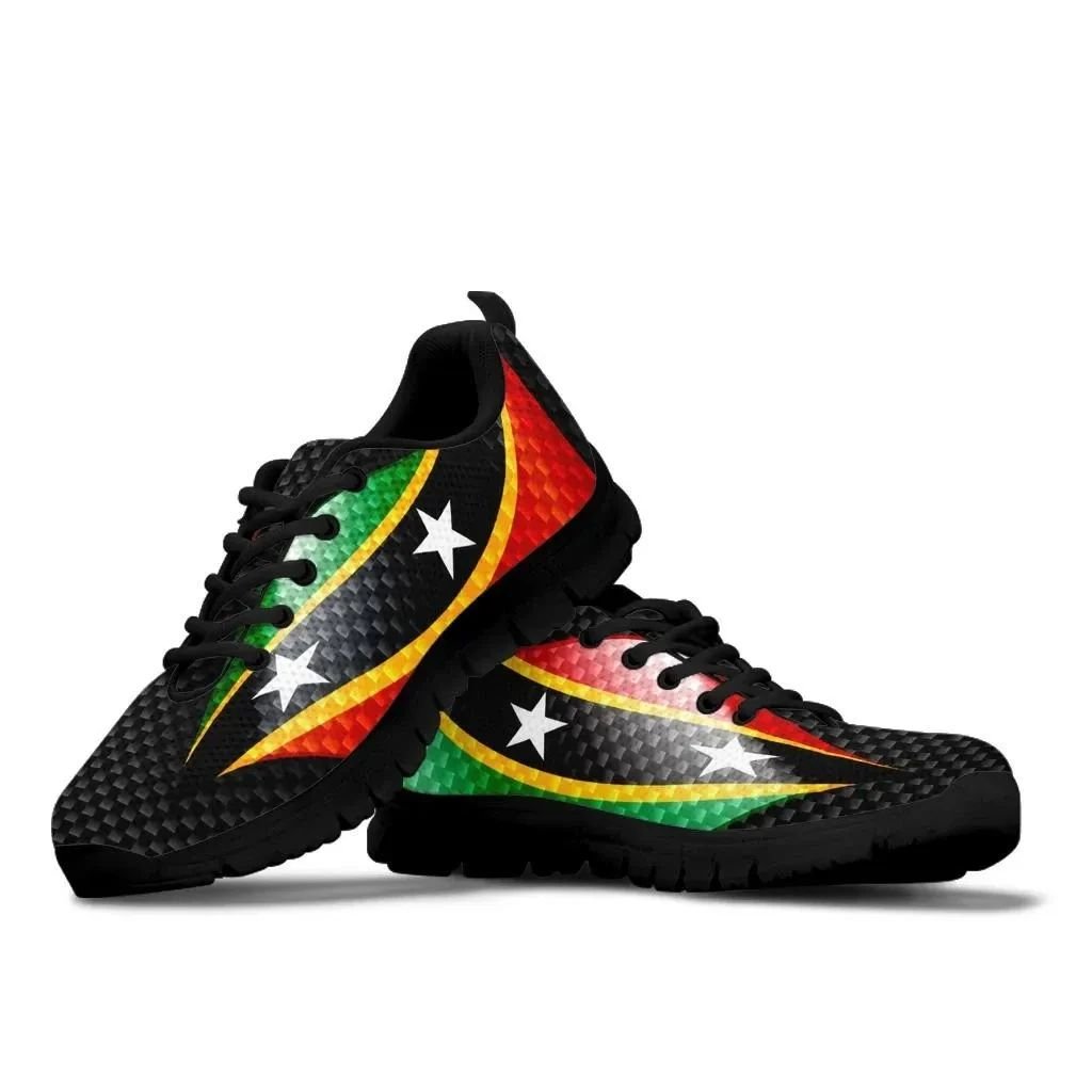 Black sneakers angled view, Saint Kitts & Nevis flag graphic with white stars on uppers