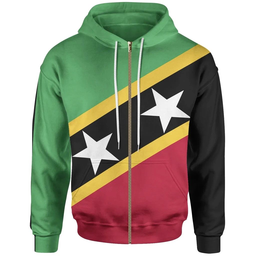 Green zip hoodie with St. Kitts and Nevis flag-style diagonal stripe and star print, front view