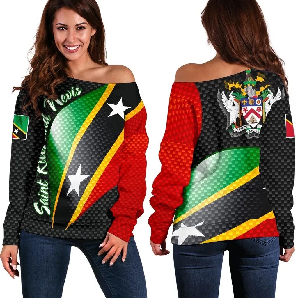 Off-shoulder sweater black with St Kitts crest and flag colors, long sleeves