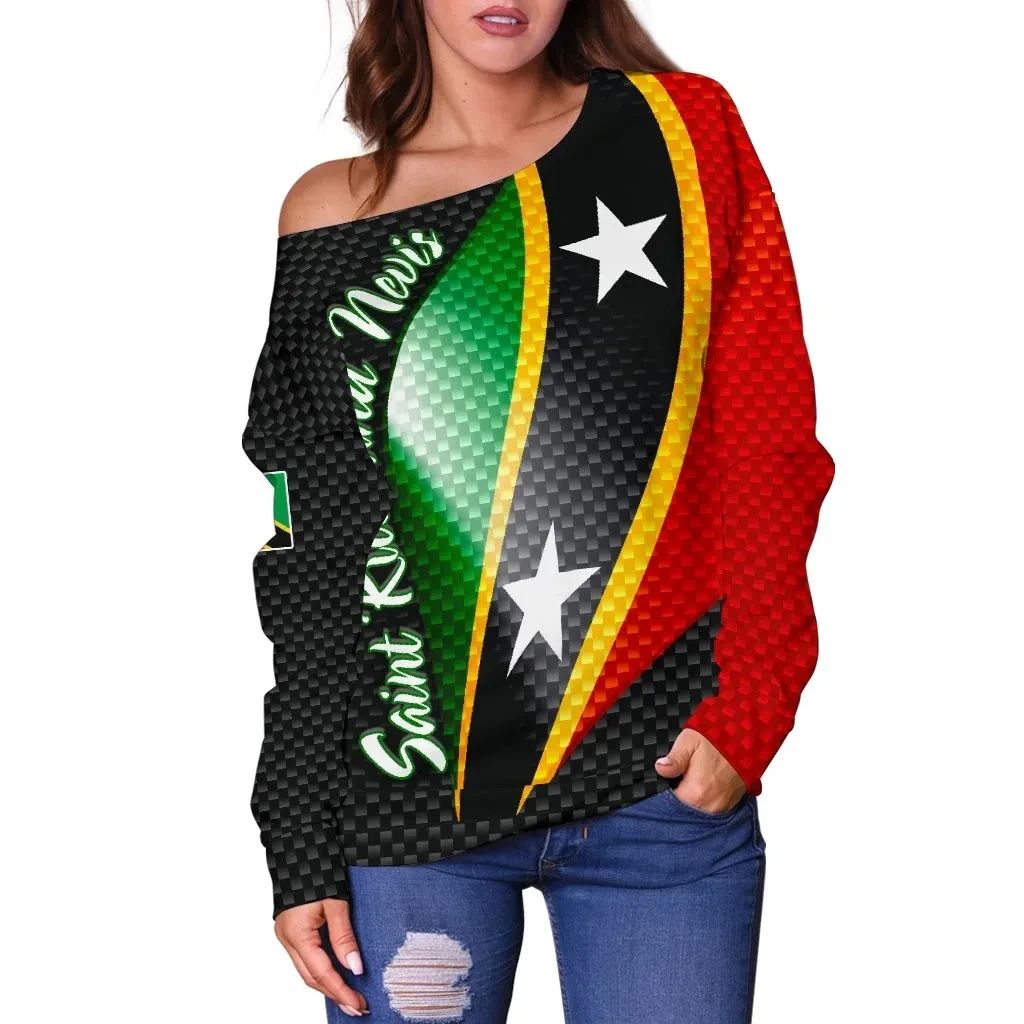 Off-shoulder sweater in black with diagonal St Kitts flag stripes and stars