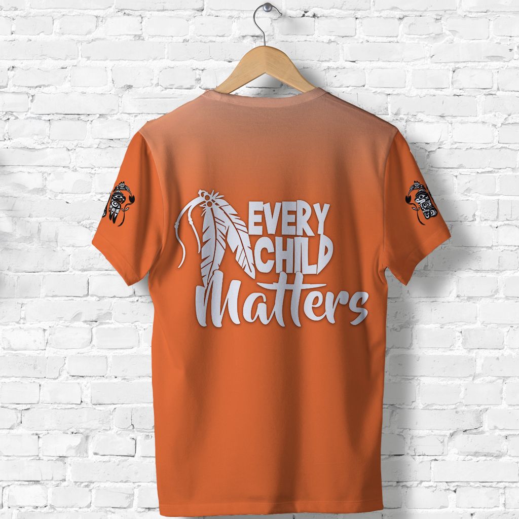Orange T-shirt back view with white “Every Child Matters” feather graphic, short sleeves