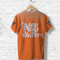 Orange T-shirt back view with white “Every Child Matters” feather graphic, short sleeves