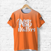 Orange T-shirt with white “Every Child Matters” feather graphic, short sleeves