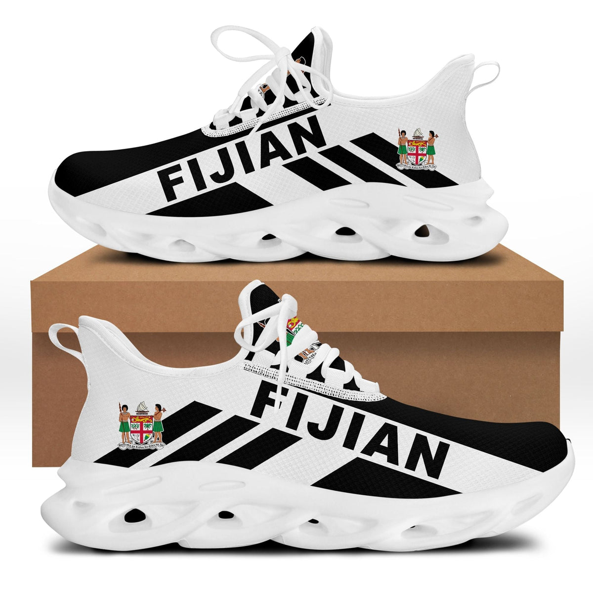 Black-and-white clunky sneakers with Fiji flag print, lace-up, white chunky sole