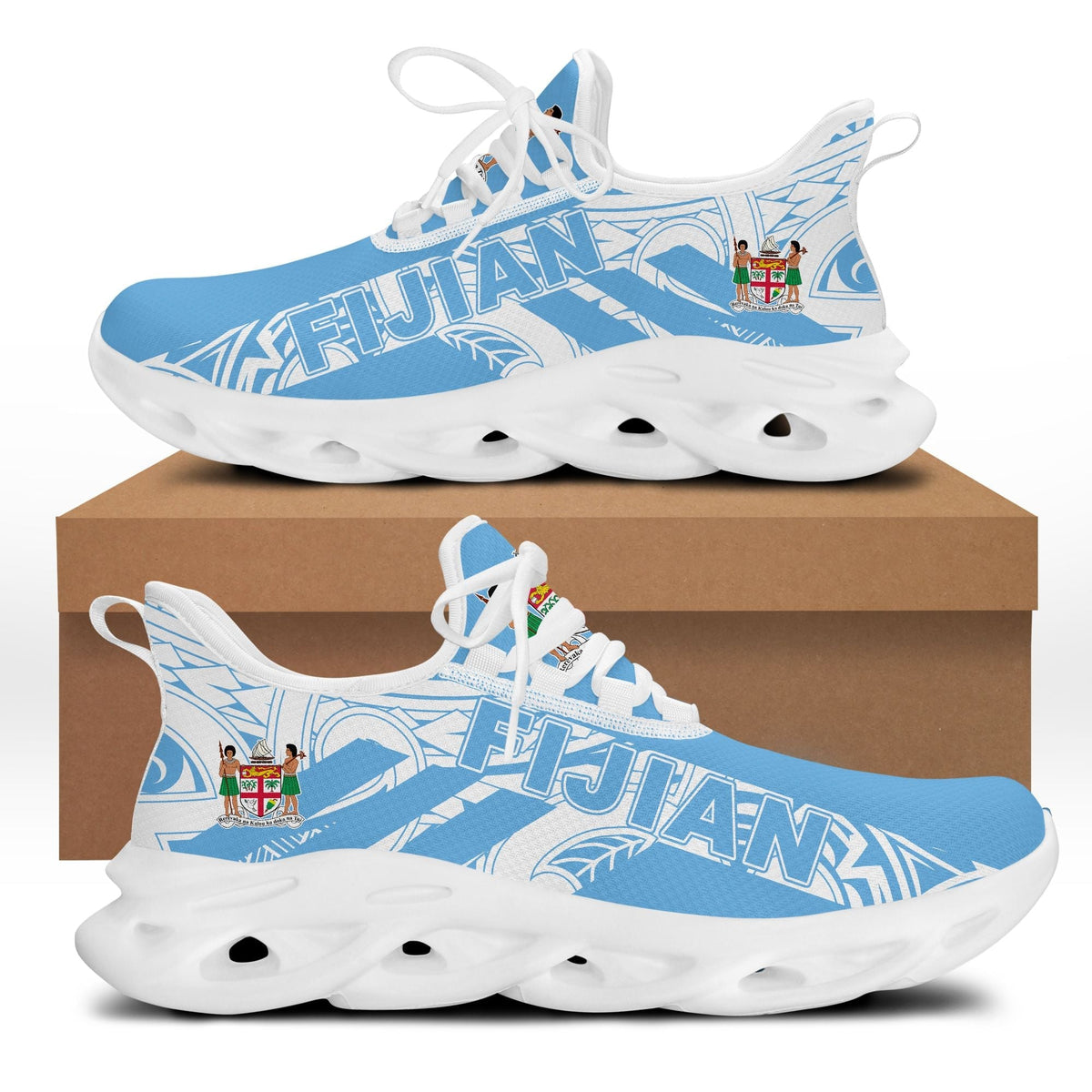 Fiji-themed chunky sneakers with blue print and white perforated sole, lace-up