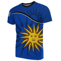 Blue crew-neck short-sleeve T-shirt with Uruguay flag brush sun face graphic