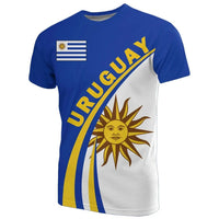 Blue and white Uruguay t-shirt with diagonal URUGUAY text and sun emblem print