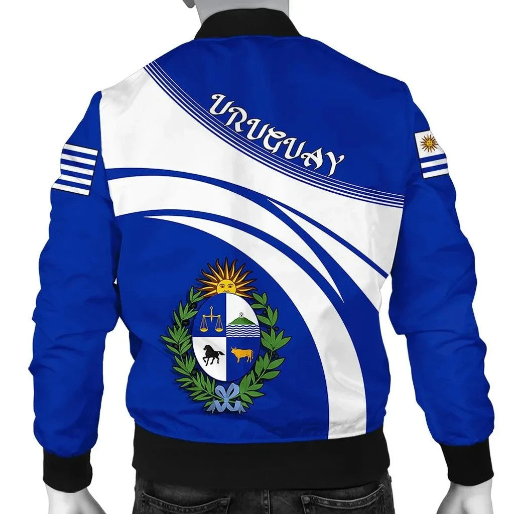 Back view of blue-and-white Uruguay bomber jacket with crest, ribbed waistband