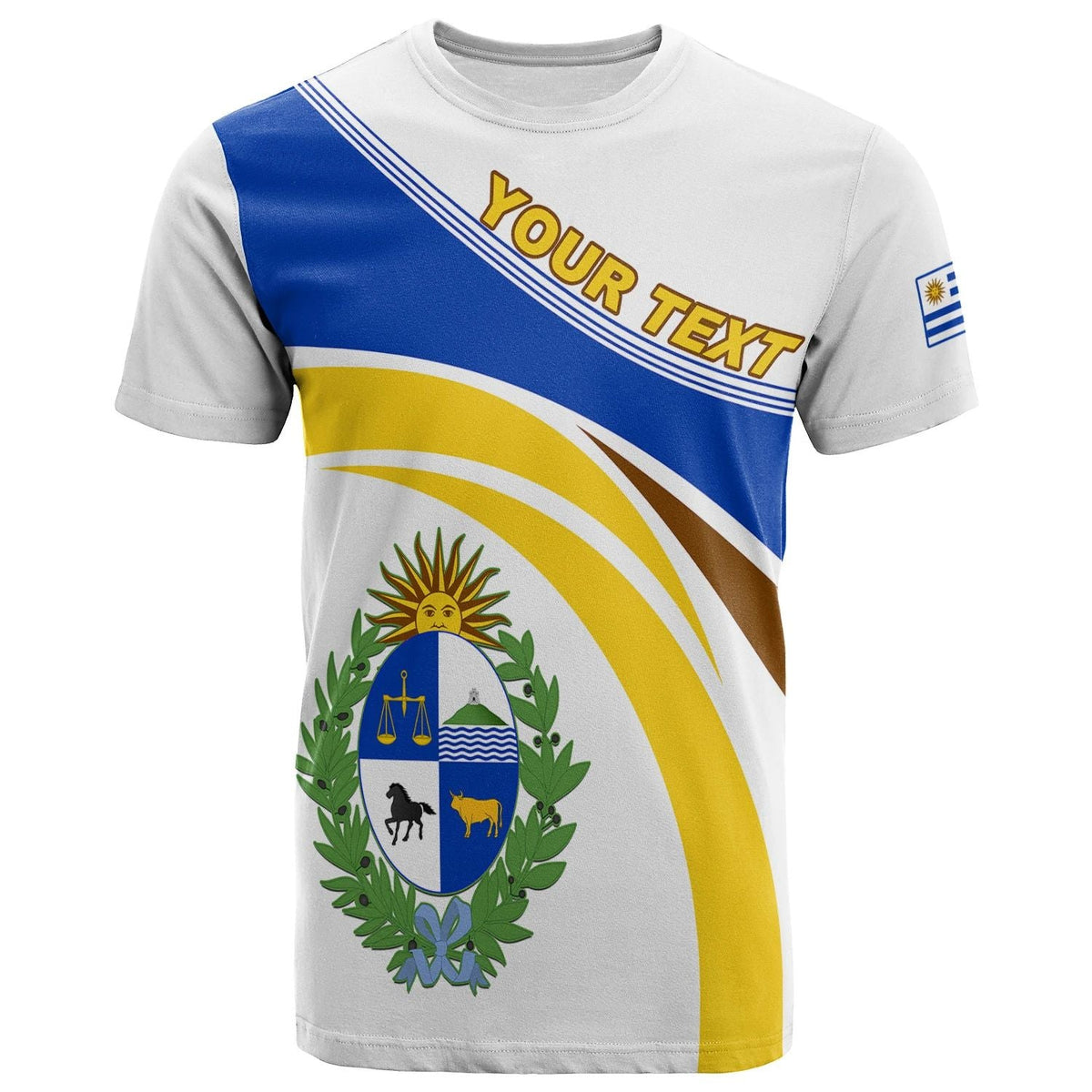 White T-shirt with flag panel and coat of arms, custom text