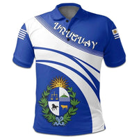 Blue and white Uruguay polo shirt with diagonal stripe, crest, and short sleeves