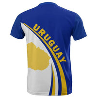 Back view blue Uruguay t-shirt with large map shape, URUGUAY text, and flag stripes