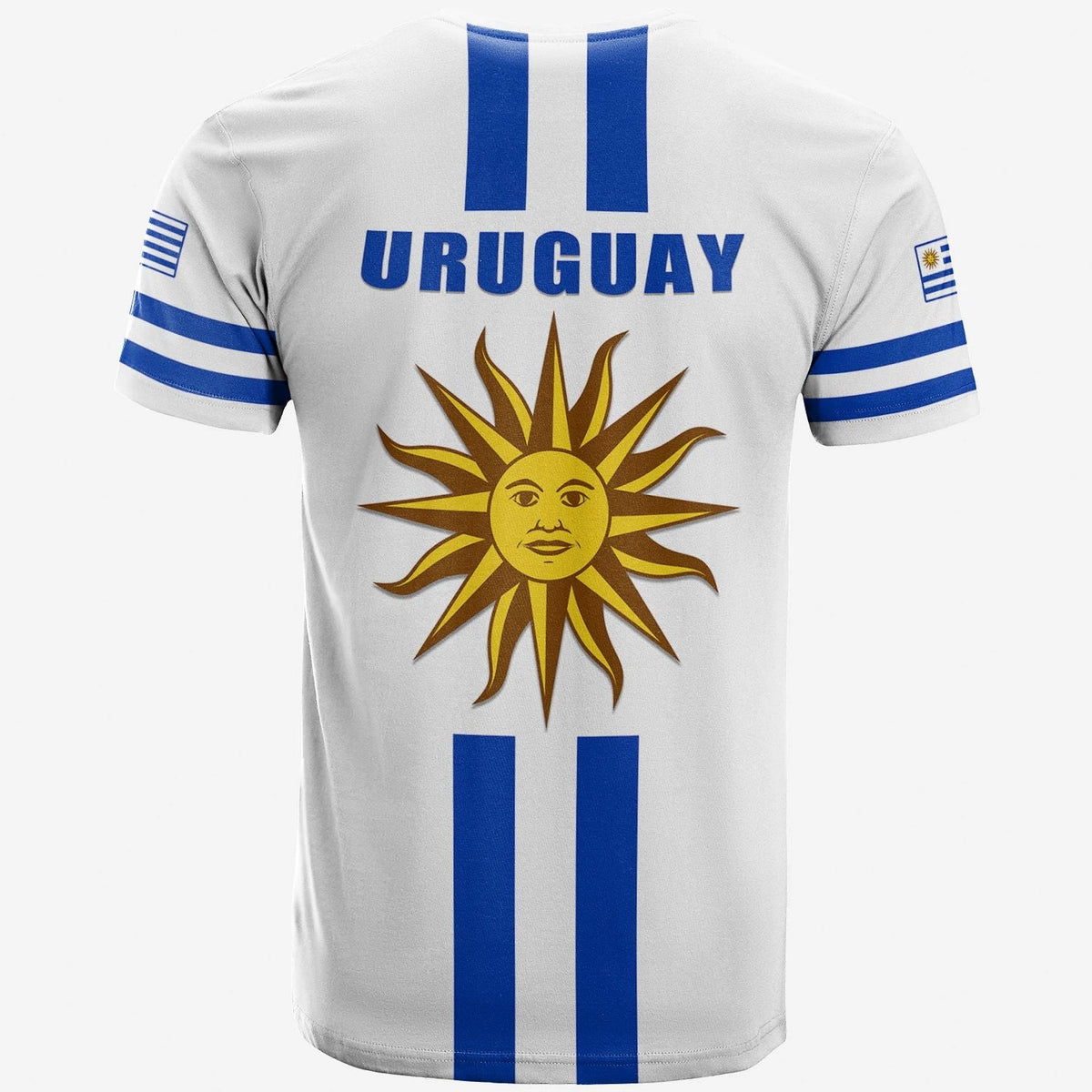 White Uruguay T-shirt back print: URUGUAY text, sun emblem, blue stripes
