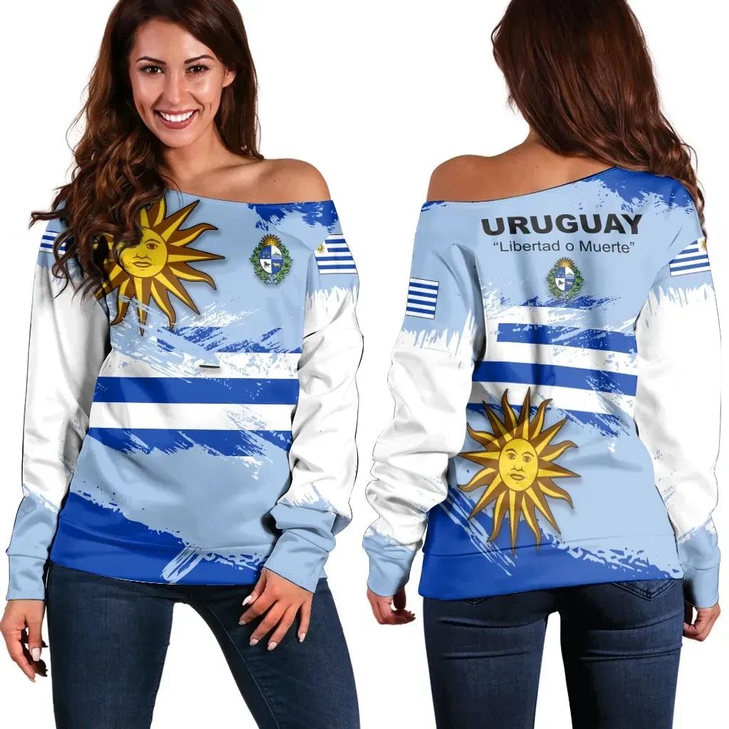 Uruguay Off Shoulder Sweater Flag Brush LT13 - Wonder Print Shop