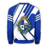 Back of Uruguay sweatshirt in blue and white with coat of arms crest and stripes