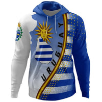 Blue and white pullover hoodie, large sun face emblem on front, hood