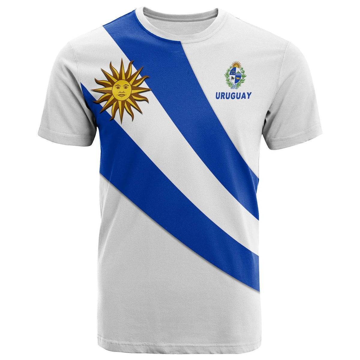 White T-shirt with Uruguay flag diagonal stripes, sun emblem, and URUGUAY text