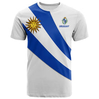 White T-shirt with Uruguay flag diagonal stripes, sun emblem, and URUGUAY text