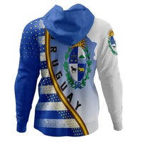 Blue-and-white zip hoodie with Uruguay coat-of-arms and diagonal stripe panel