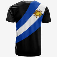Black Uruguay flag T-shirt with diagonal stripes and sun emblem on the back