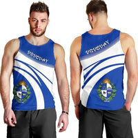 Men blue tank top with Uruguay logo, white stripes, crest graphic (front view)