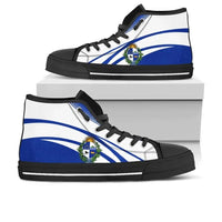 Uruguay high top canvas shoes, white uppers with blue stripes and emblem, black sole