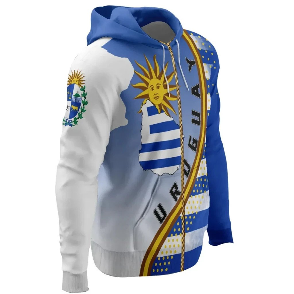 Blue zip hoodie side view, blue hood, Uruguay map and striped diagonal accent