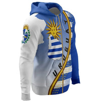 Blue zip hoodie side view, blue hood, Uruguay map and striped diagonal accent