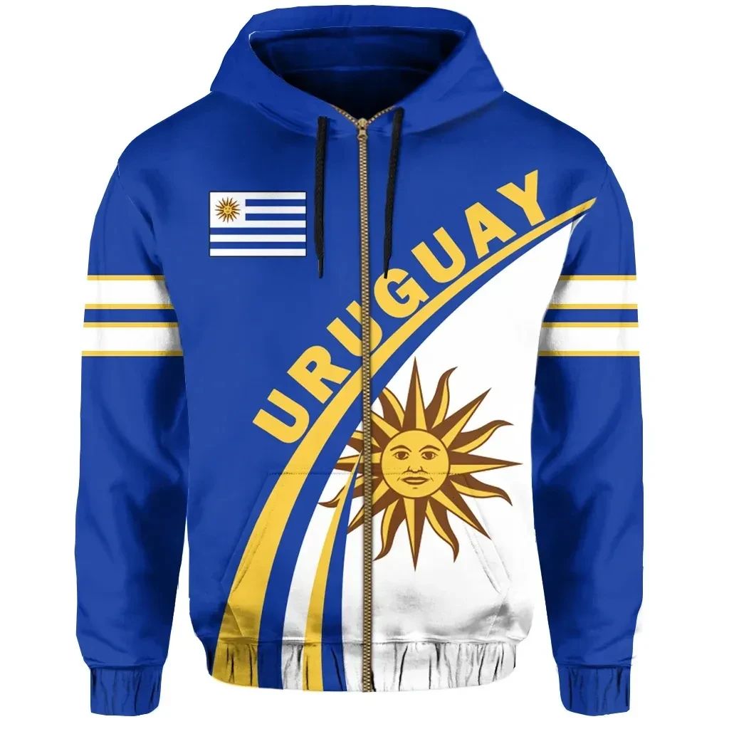 Blue zip hoodie with Uruguay flag print, sun emblem, and bold URUGUAY text