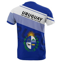 Blue and white Uruguay T-shirt, back view with 'URUGUAY' text and crest