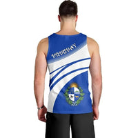 Men blue Uruguay tank top with white diagonal stripes and Uruguay text (back view)