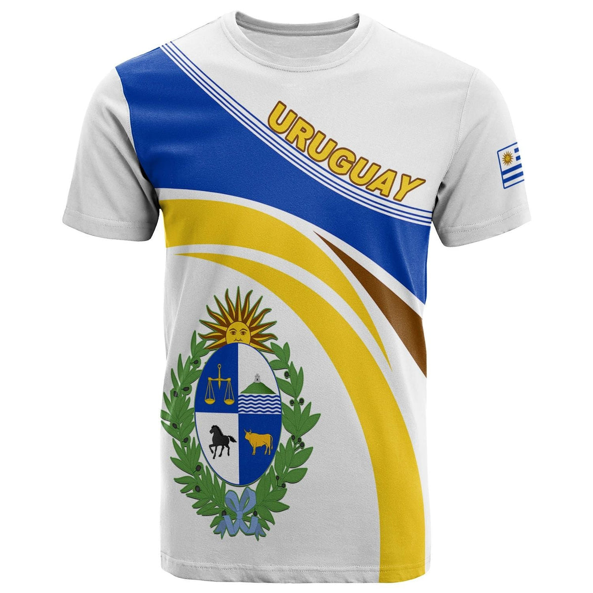 White Uruguay T-shirt with diagonal flag stripes and coat of arms crest