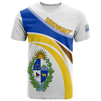 White Uruguay T-shirt with diagonal flag stripes and coat of arms crest