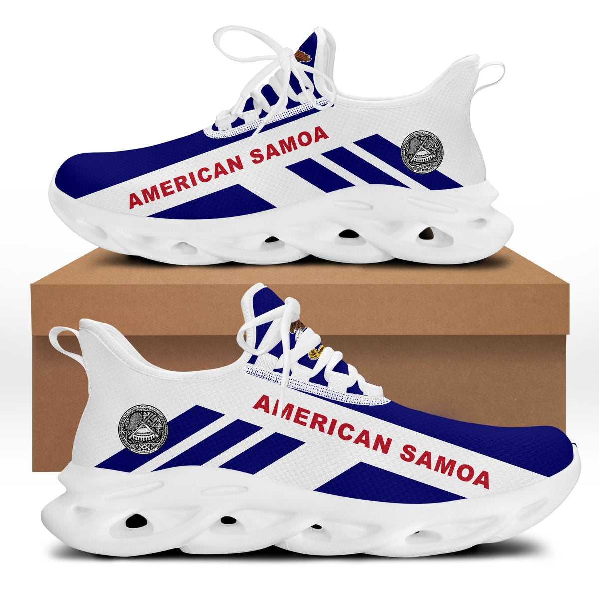 American Samoa clunky sneakers, white upper with blue/red graphic and white chunky sole