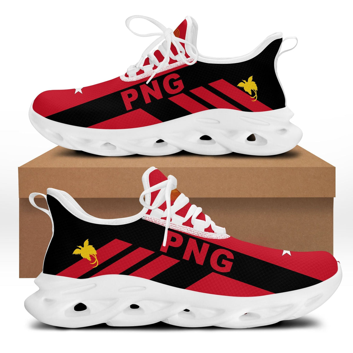 PNG flag clunky sneakers, black-red pattern, white sole and white laces