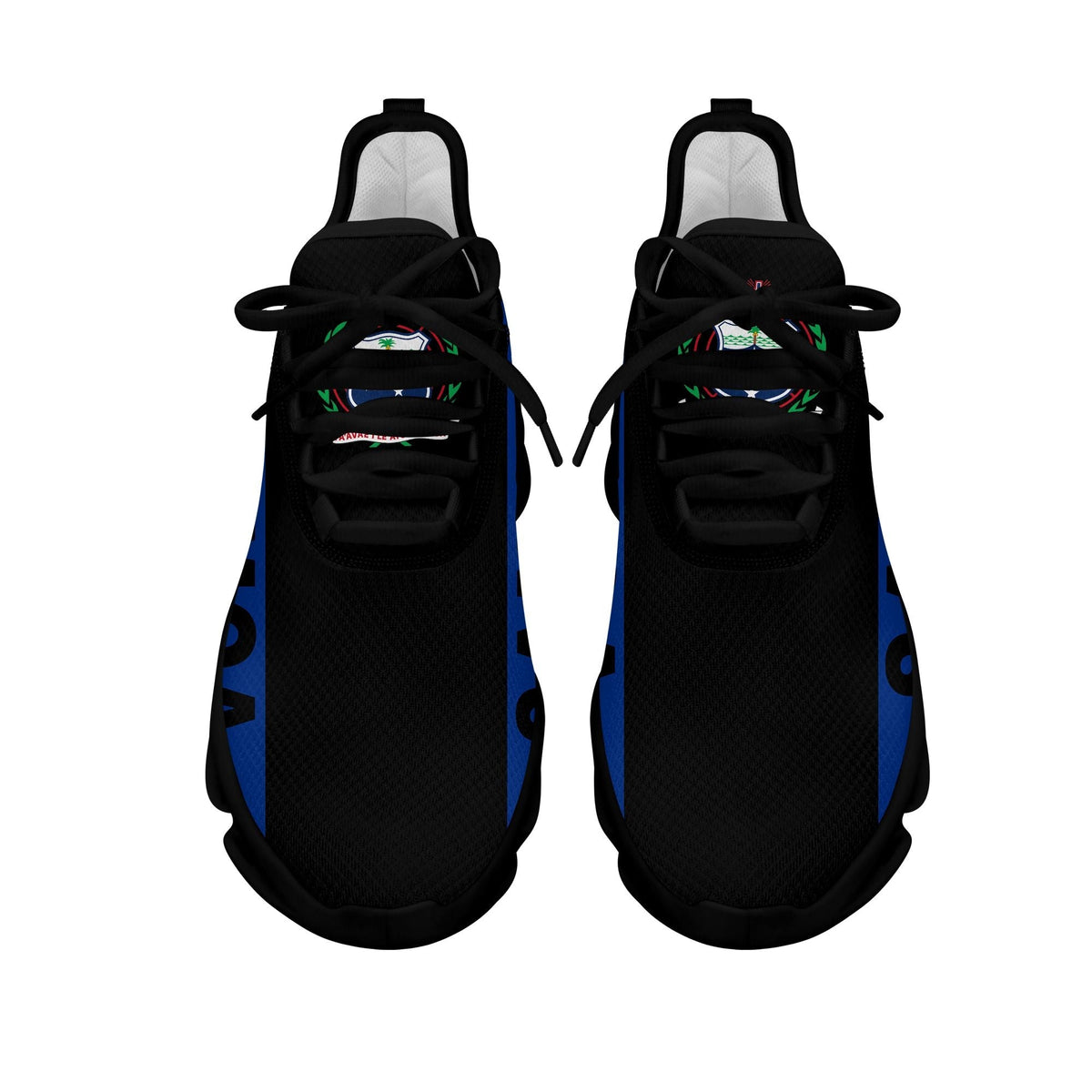 Pair of black clunky sneakers with blue SAMOA graphic and colorful accent logos
