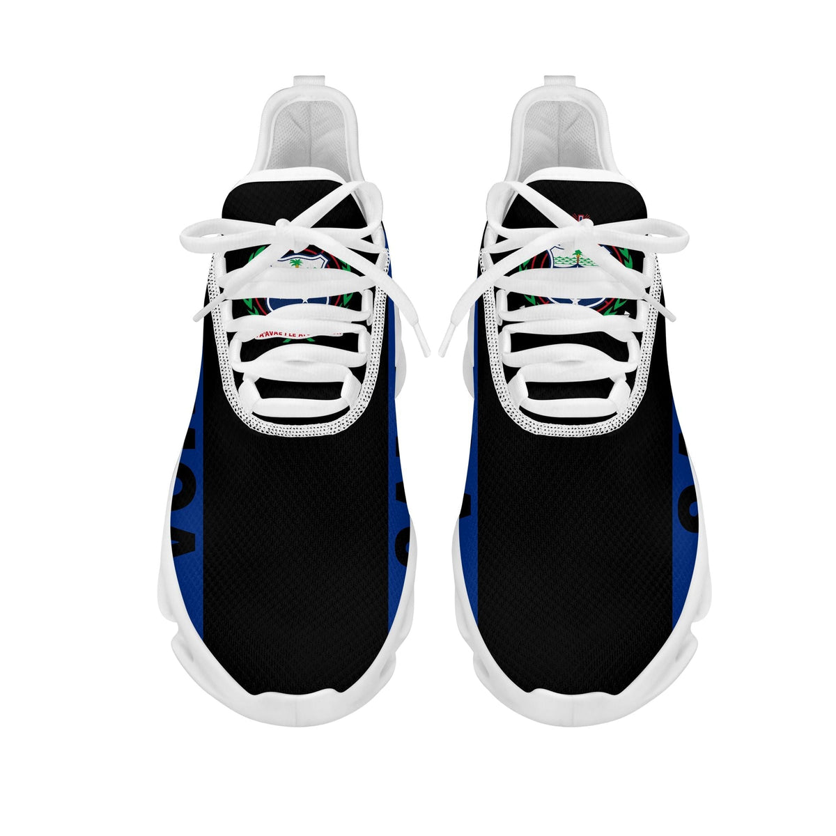 Pair of white clunky sneakers with blue SAMOA graphic and colorful accent logos