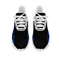 Pair of white clunky sneakers with blue SAMOA graphic and colorful accent logos