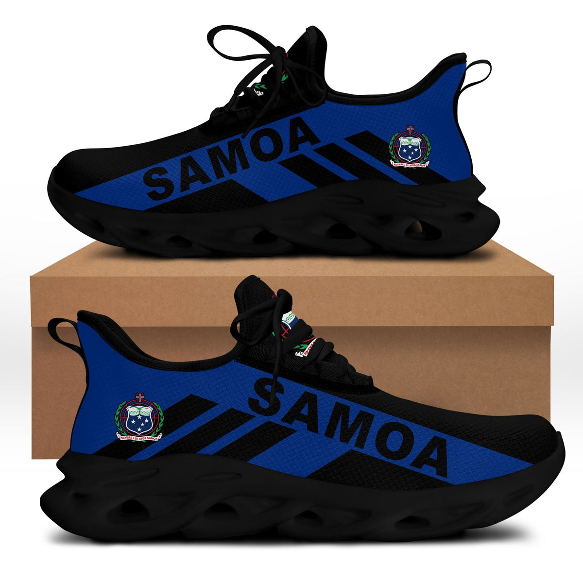 Black clunky sneakers with blue SAMOA print, black laces, dark ridged sole