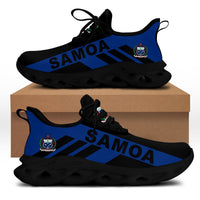 Black clunky sneakers with blue SAMOA print, black laces, dark ridged sole