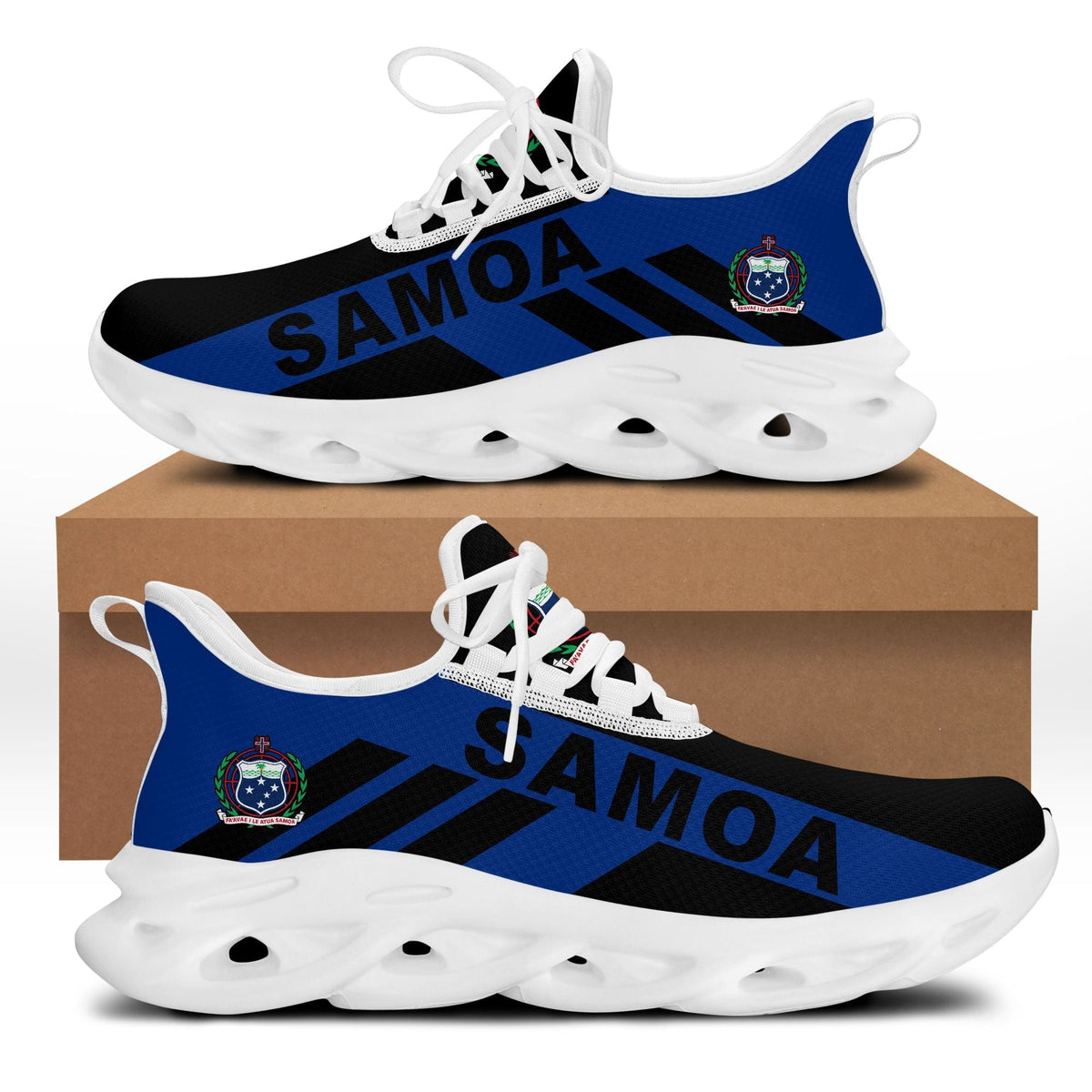 Black and blue clunky sneakers with SAMOA text, white laces, white ridged sole