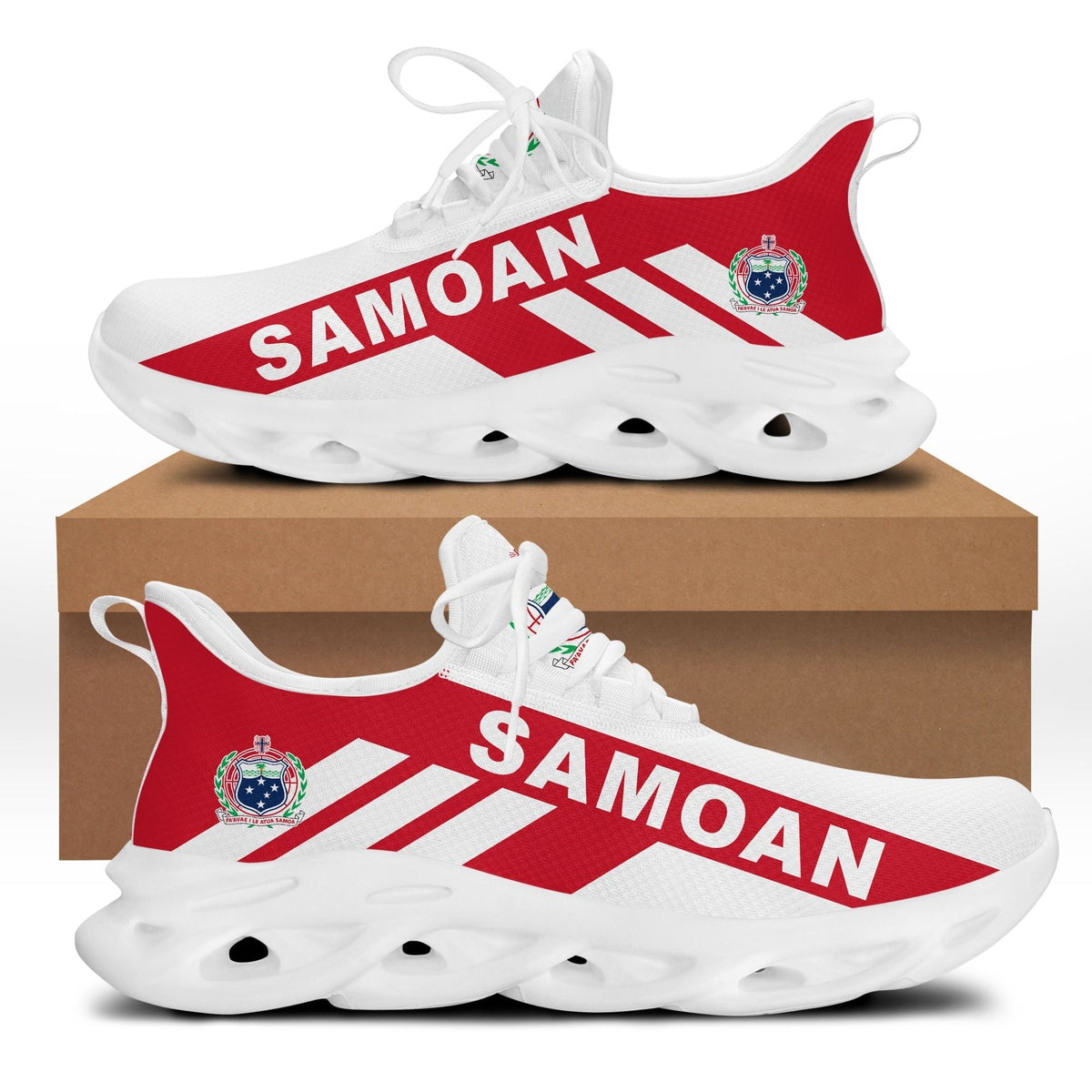Red and white Samoa flag clunky sneakers, white upper, white laces, chunky white sole