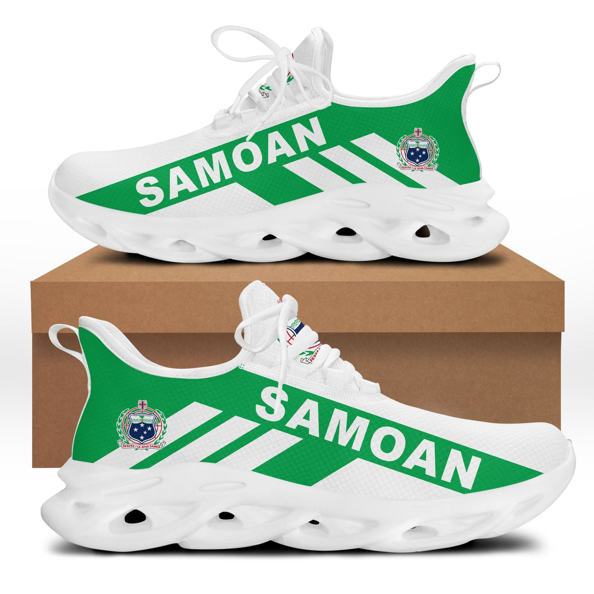 Green and white Samoa flag clunky sneakers with white sole and lace-up upper